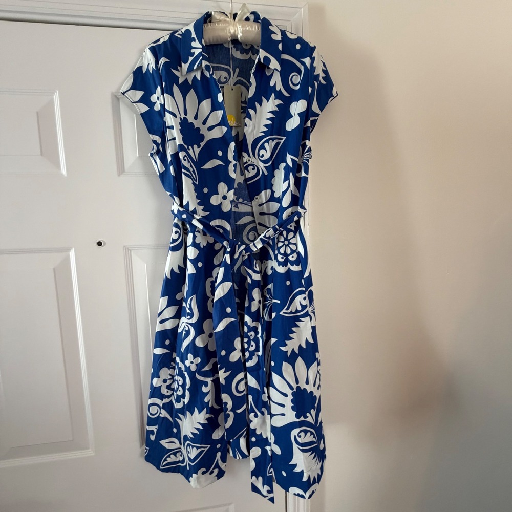 Boden Womens 12R Blue White Floral Cotton Midi Shirt Dress Vacation Belted NWT - Picture 12 of 13